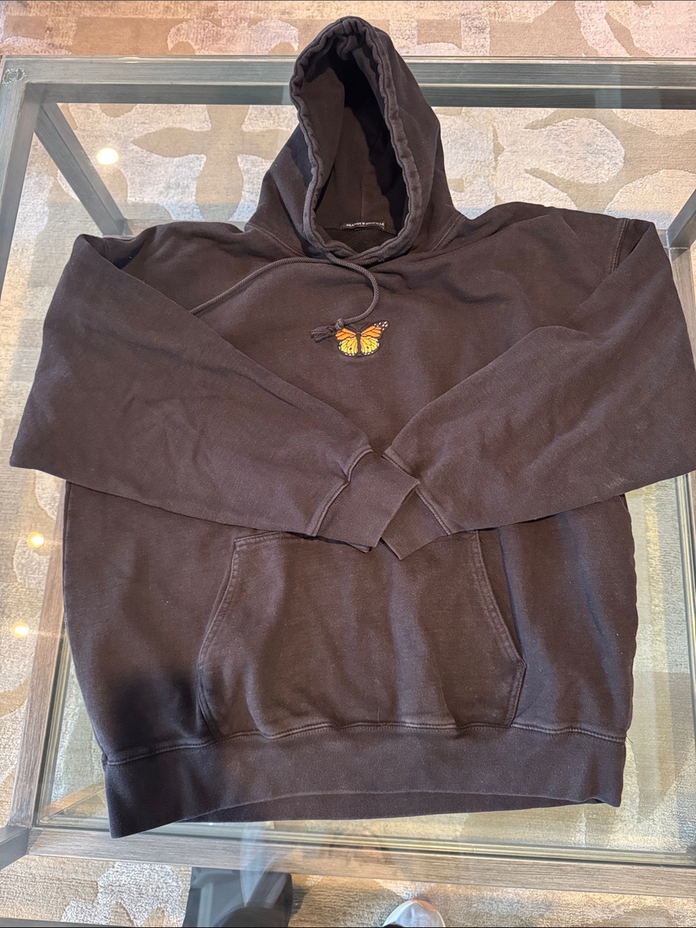 Brandy Melville Black Hoodie with Embroidered Orange Butterfly